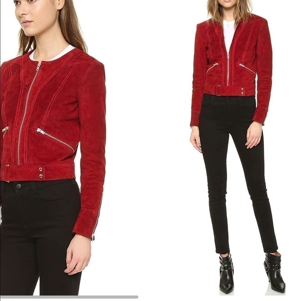 IRO Tatiana Red Suede Leather Jacket Silver Zippers Buckle Belt Fall Size 8 (40) - Picture 3 of 13